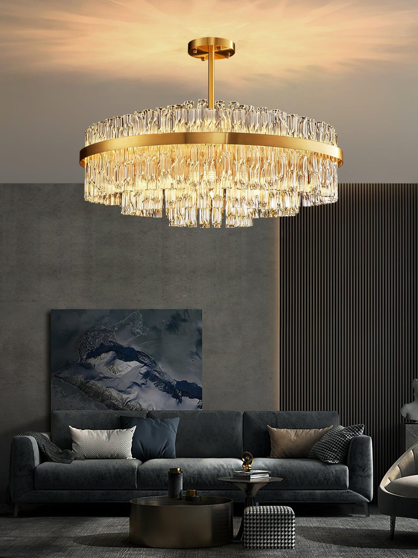 Elegant Gold & Clear Rod Chandelier with Adjustable Height & LED Compa