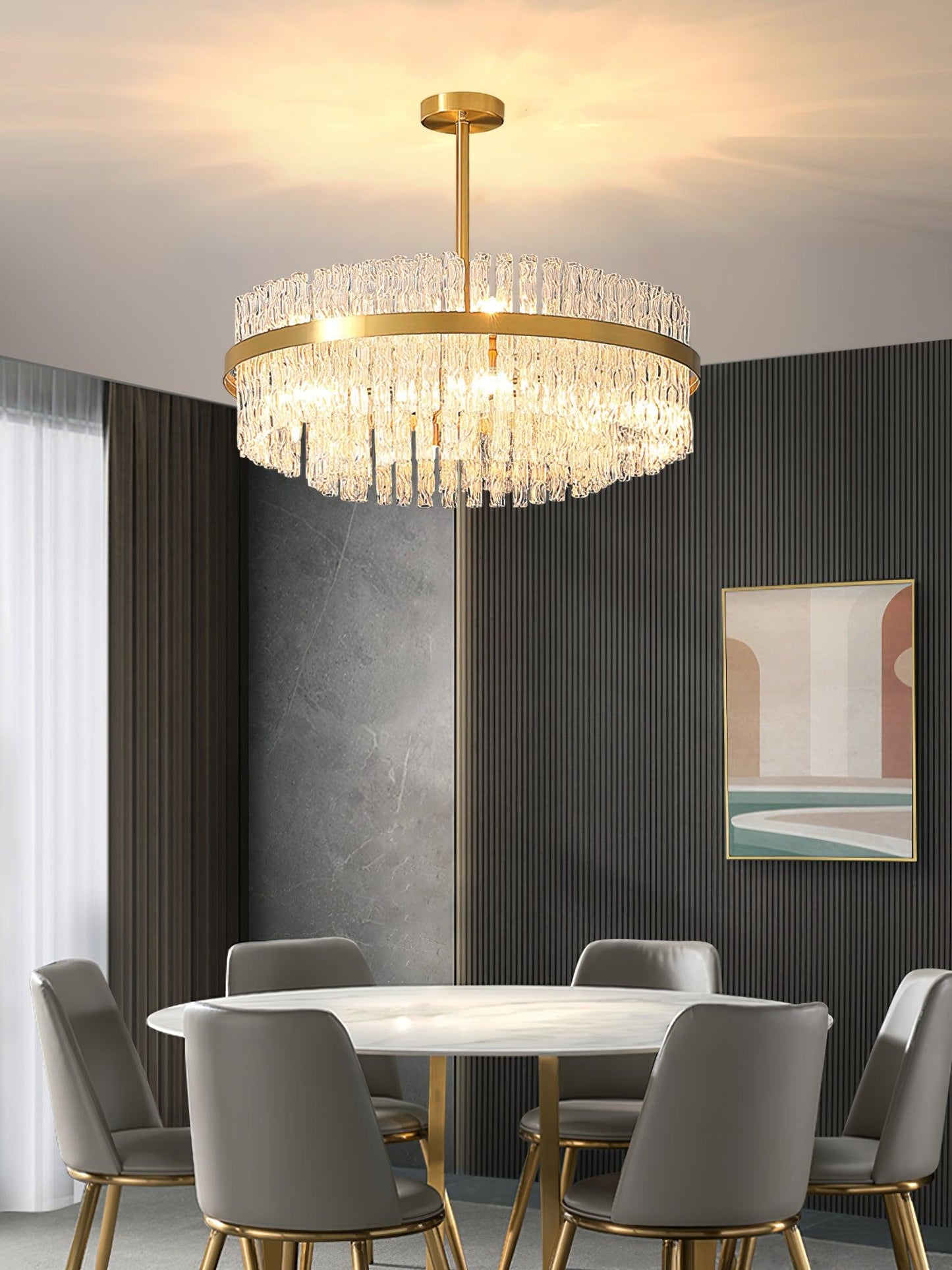 Elegant Gold & Clear Rod Chandelier with Adjustable Height & LED Compa