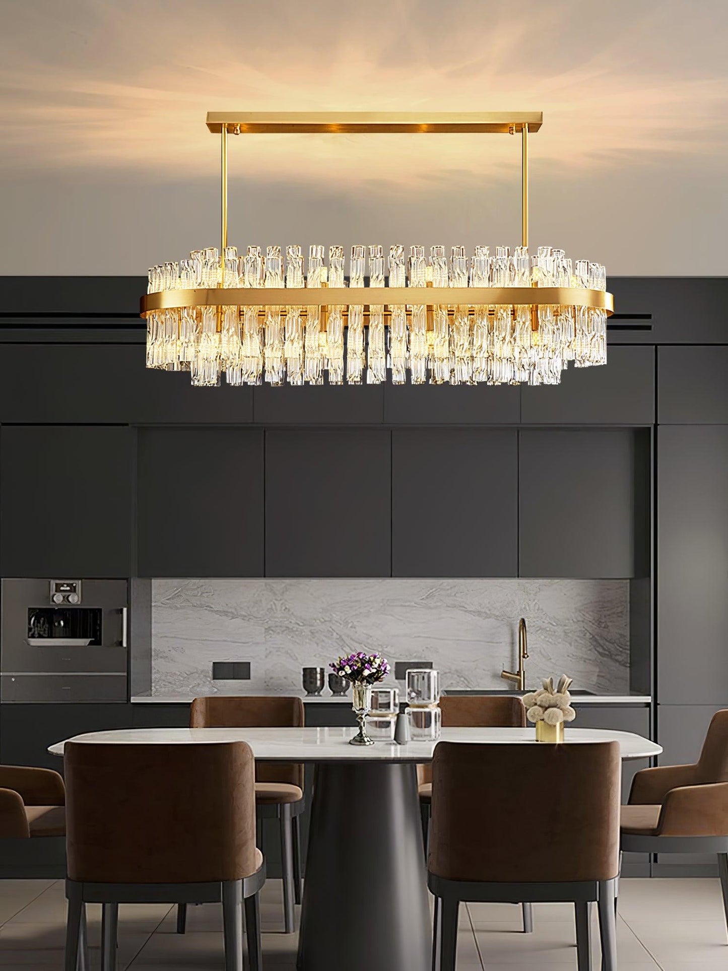 Elegant Gold & Clear Rod Chandelier with Adjustable Height & LED Compa