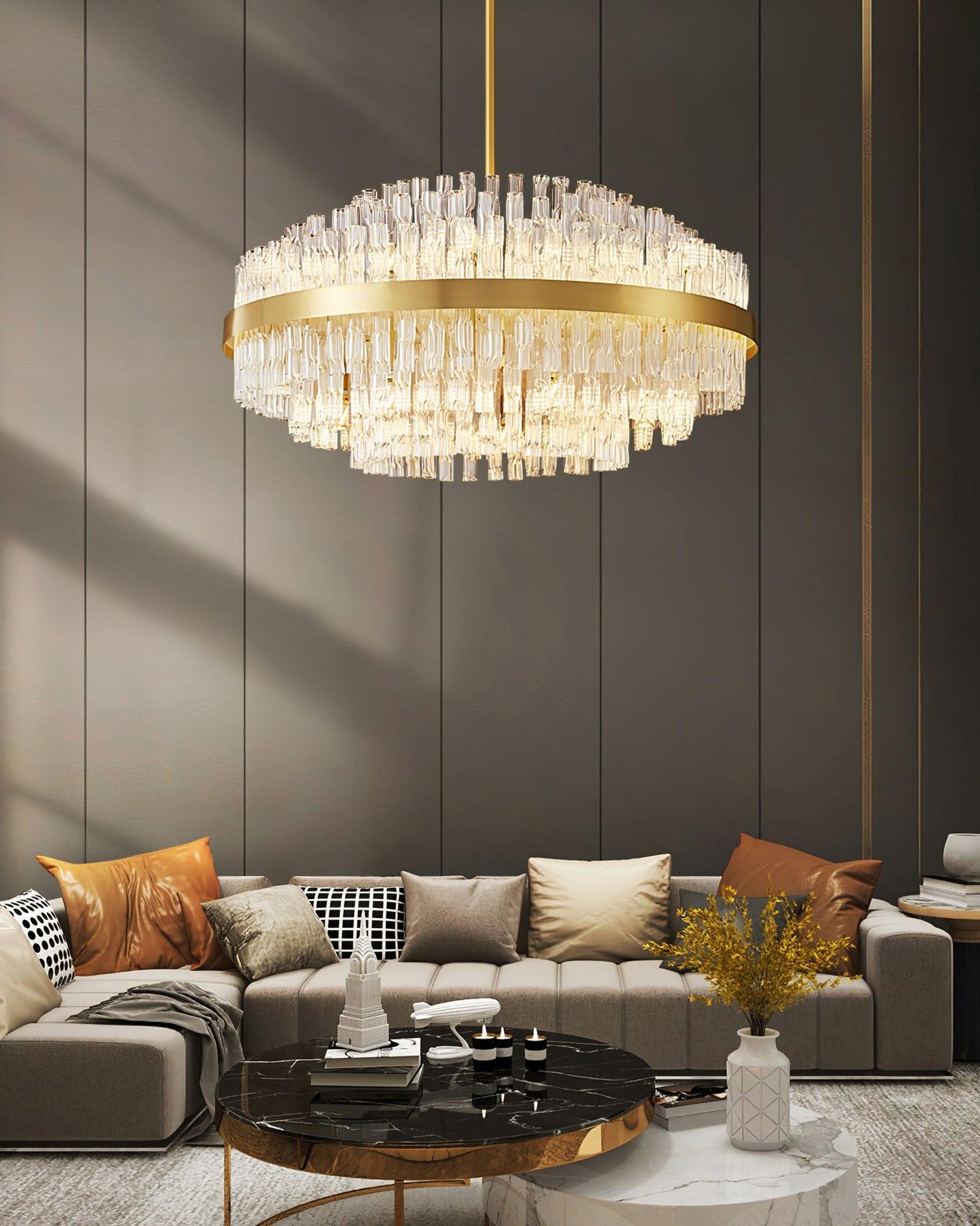 Elegant Gold & Clear Rod Chandelier with Adjustable Height & LED Compa