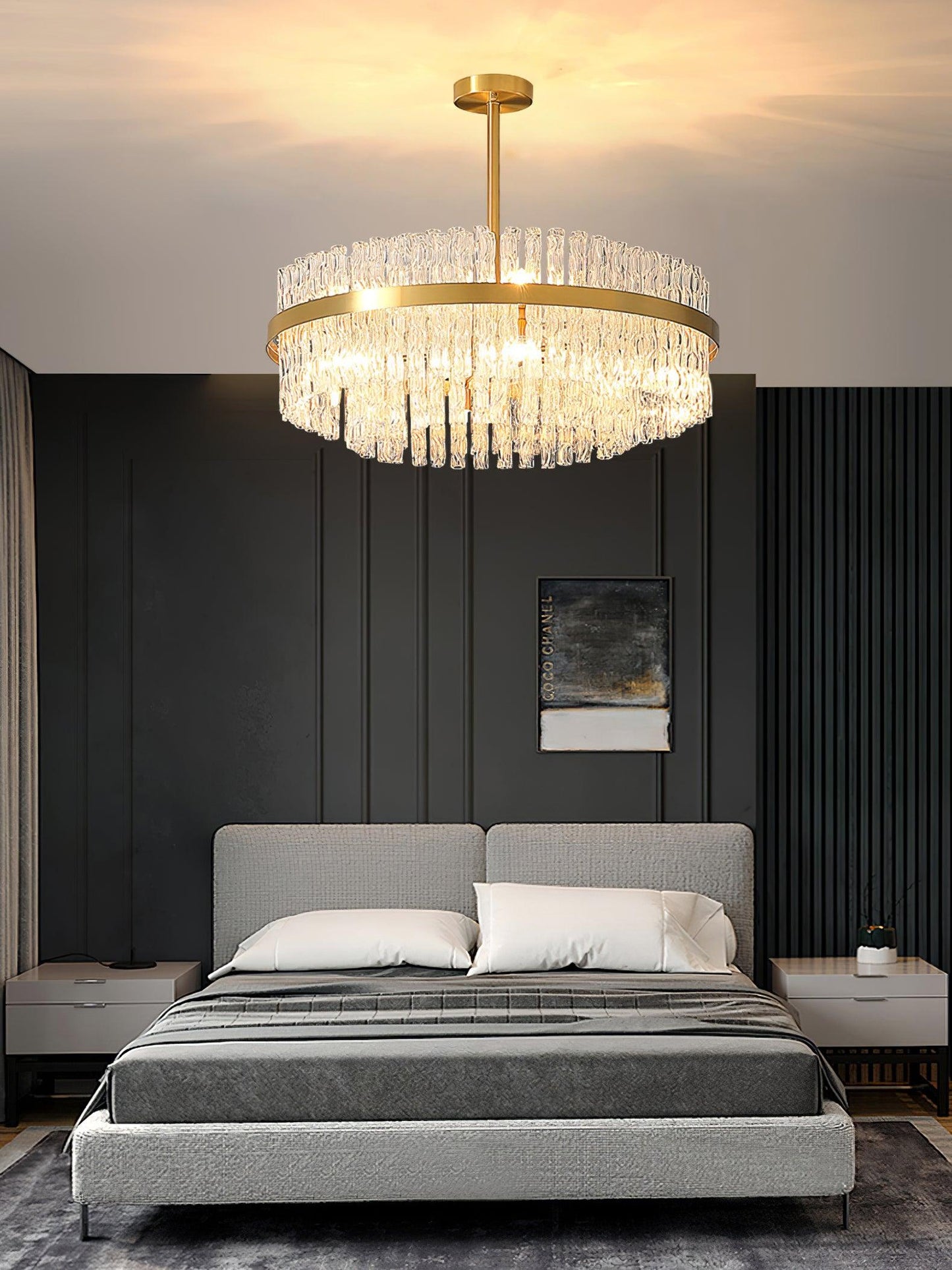 Elegant Gold & Clear Rod Chandelier with Adjustable Height & LED Compa