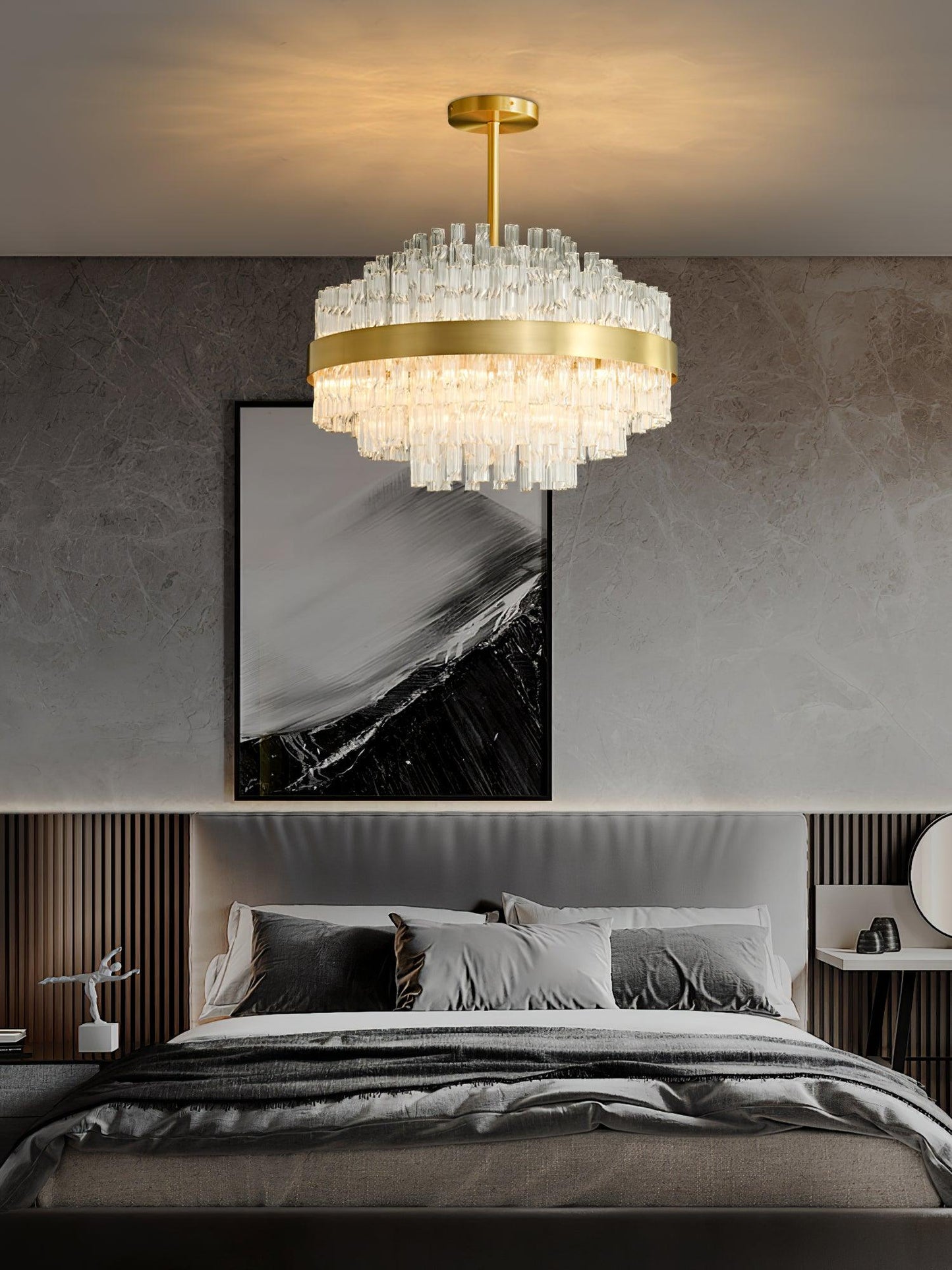 Elegant Gold & Clear Rod Chandelier with Adjustable Height & LED Compa
