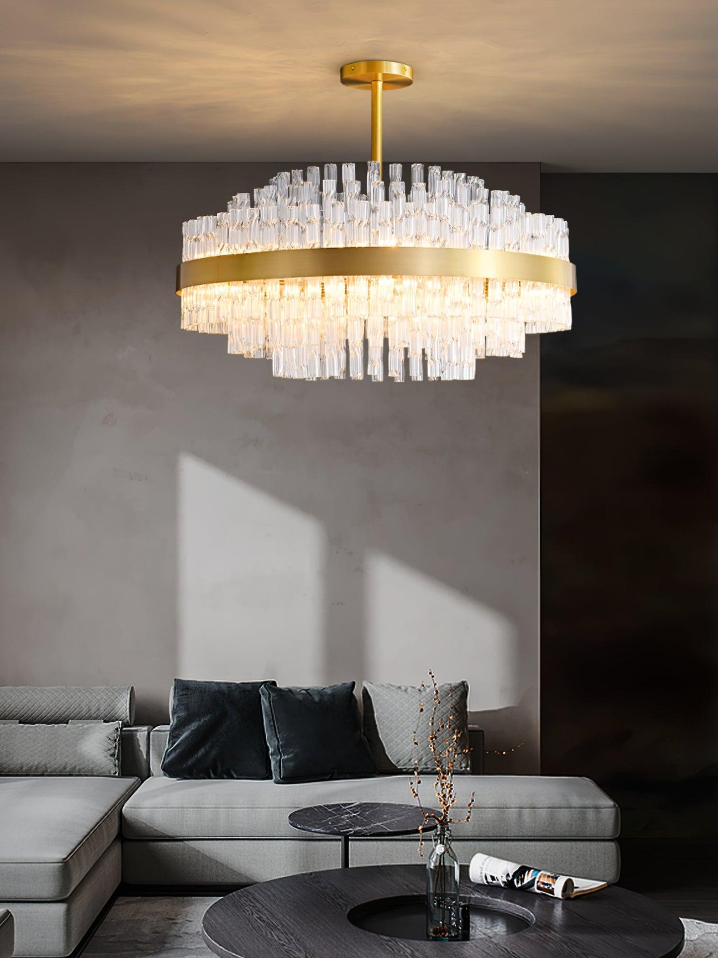 Elegant Gold & Clear Rod Chandelier with Adjustable Height & LED Compa