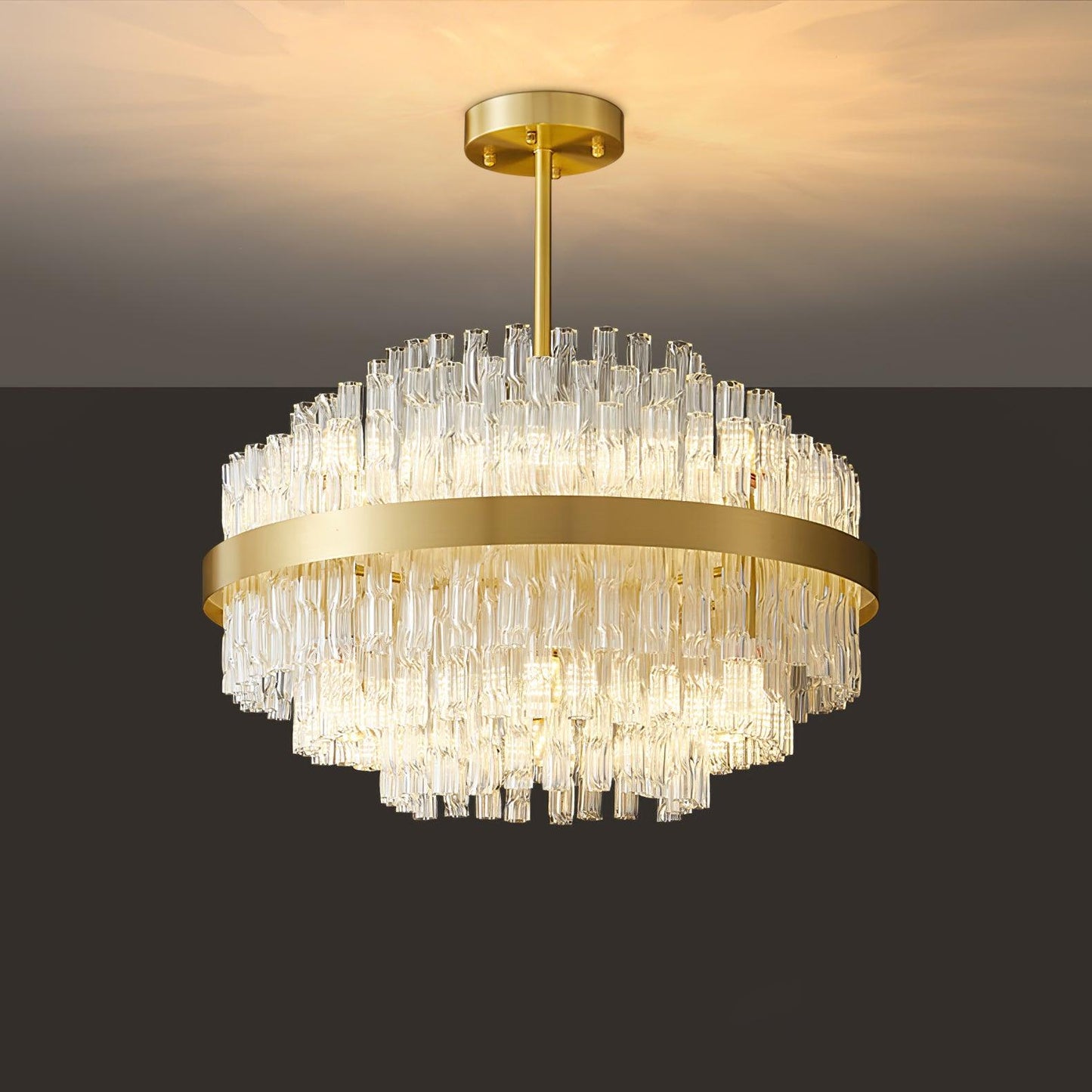 Elegant Gold & Clear Rod Chandelier with Adjustable Height & LED Compa