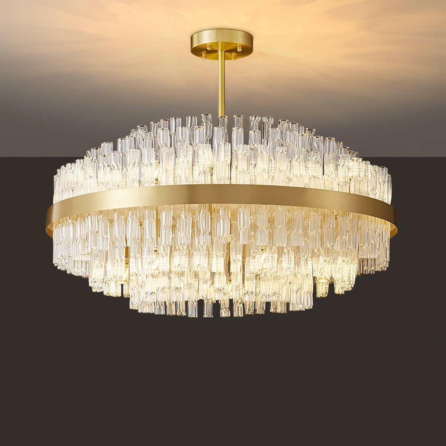 Elegant Gold & Clear Rod Chandelier with Adjustable Height & LED Compa