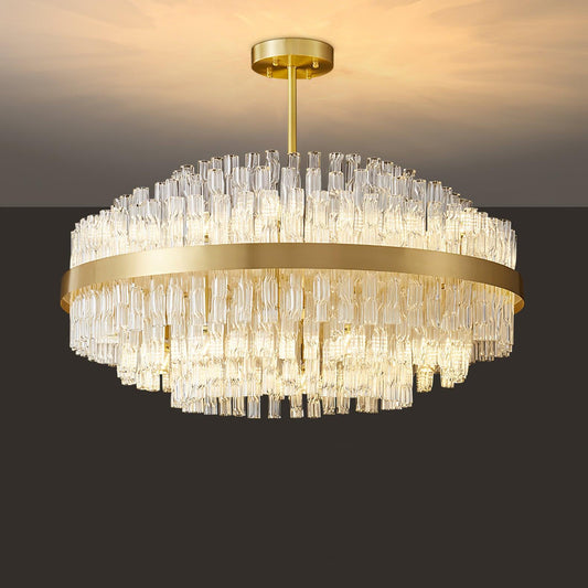 Elegant Gold & Clear Rod Chandelier with Adjustable Height & LED Compa
