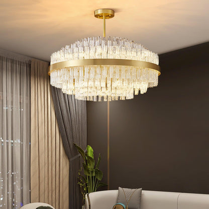 Elegant Gold & Clear Rod Chandelier with Adjustable Height & LED Compa