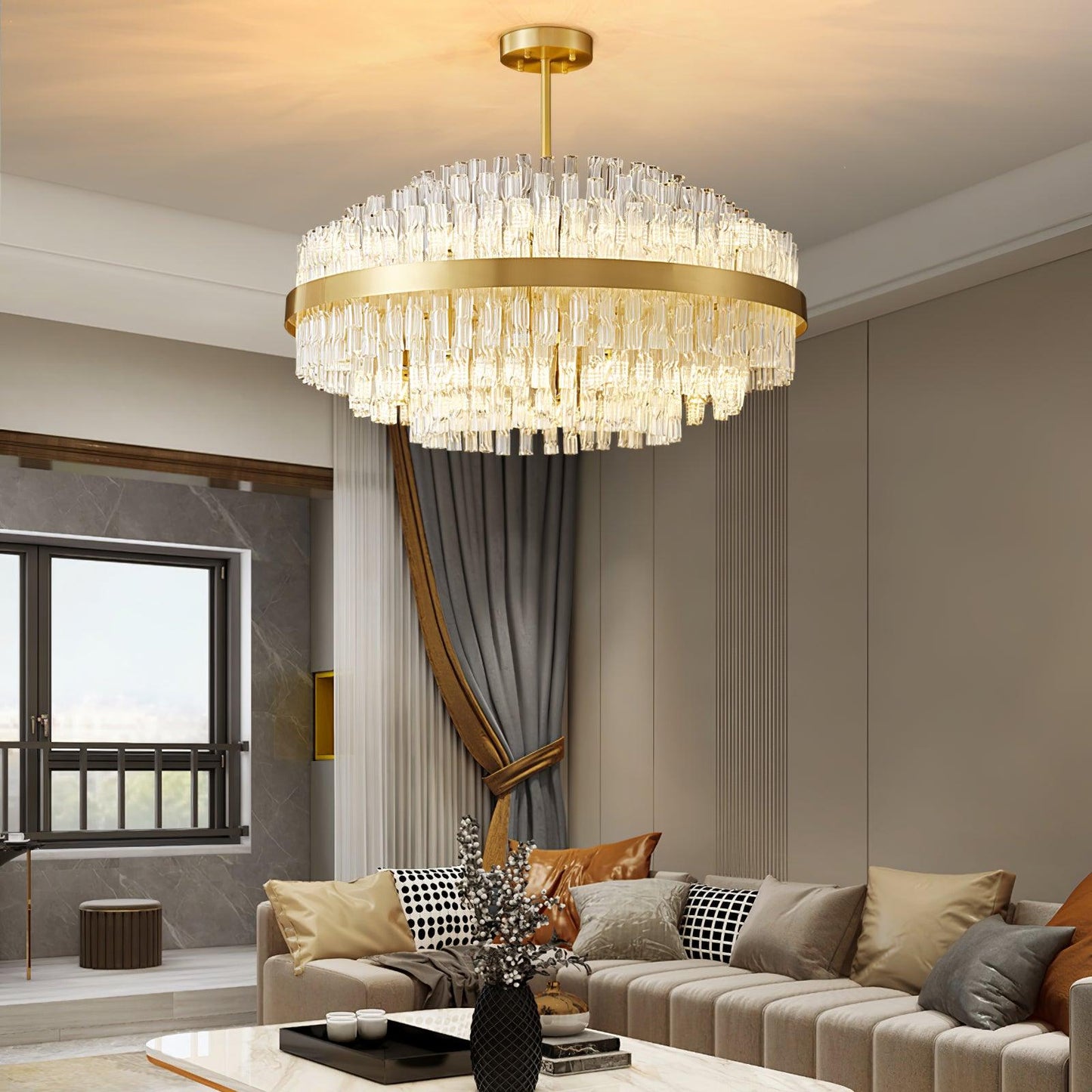 Elegant Gold & Clear Rod Chandelier with Adjustable Height & LED Compa