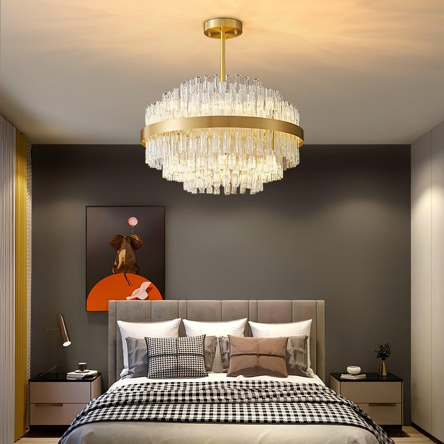 Elegant Gold & Clear Rod Chandelier with Adjustable Height & LED Compa