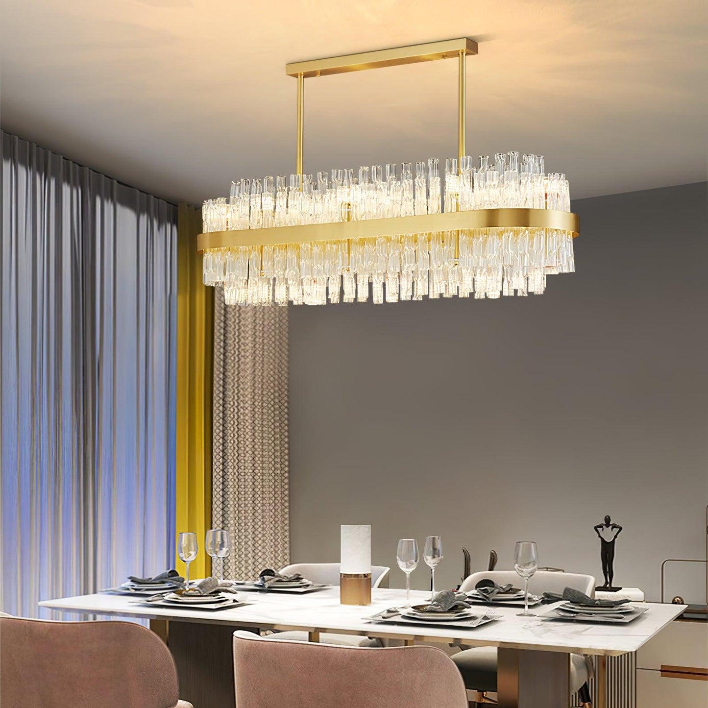 Elegant Gold & Clear Rod Chandelier with Adjustable Height & LED Compa