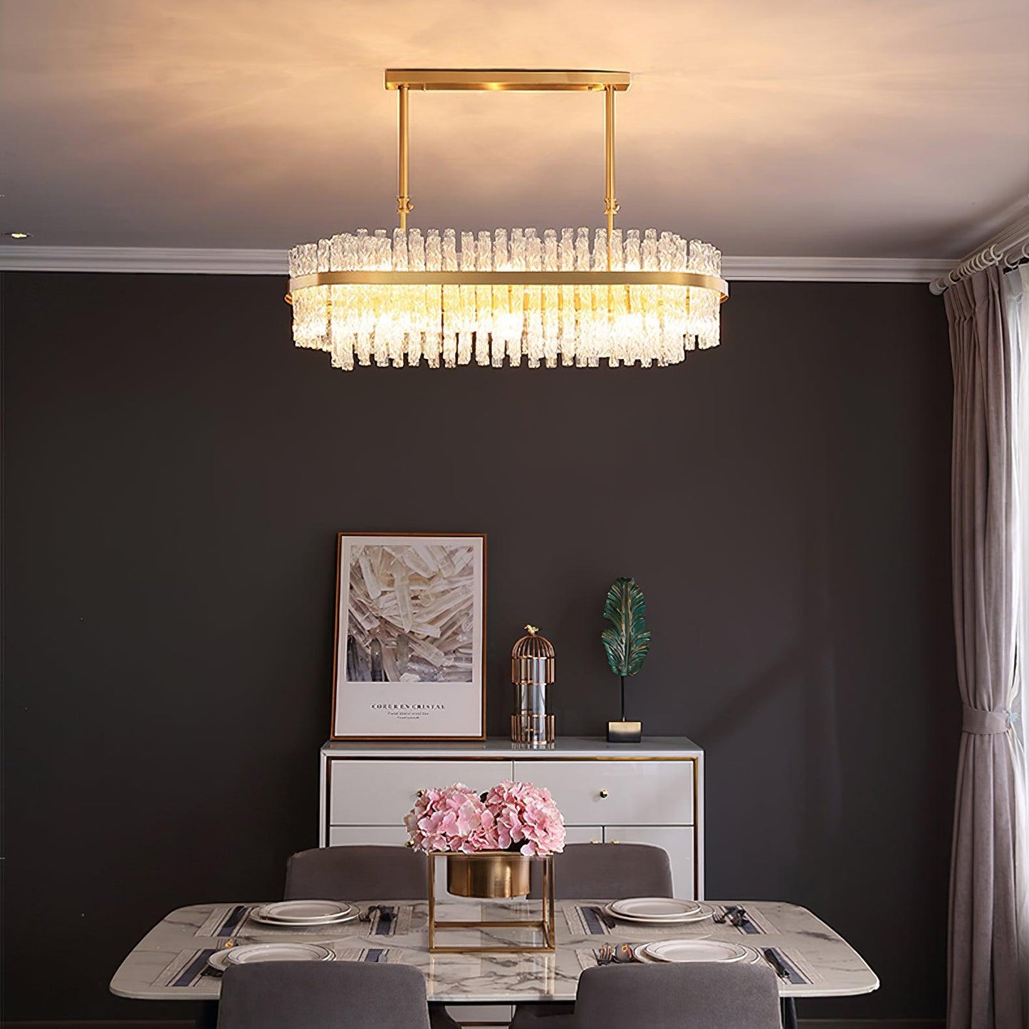 Elegant Gold & Clear Rod Chandelier with Adjustable Height & LED Compa