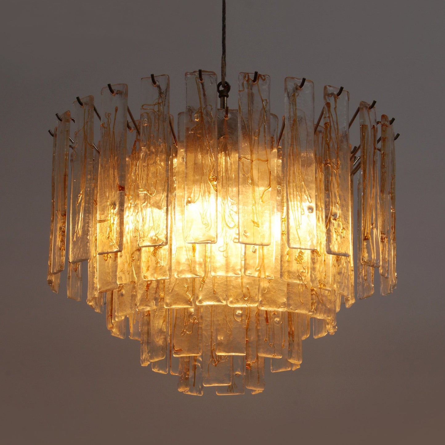 Elegant Golden Amber Glass Chandelier with Adjustable Height & LED Com