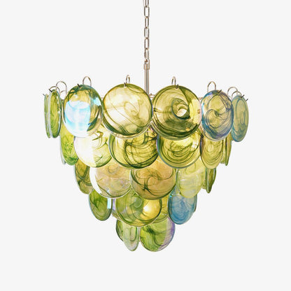 Elegant Green Glass Disc Chandelier with Adjustable Height and LED Com