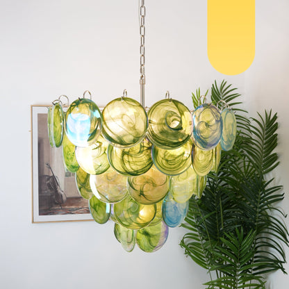 Elegant Green Glass Disc Chandelier with Adjustable Height and LED Com