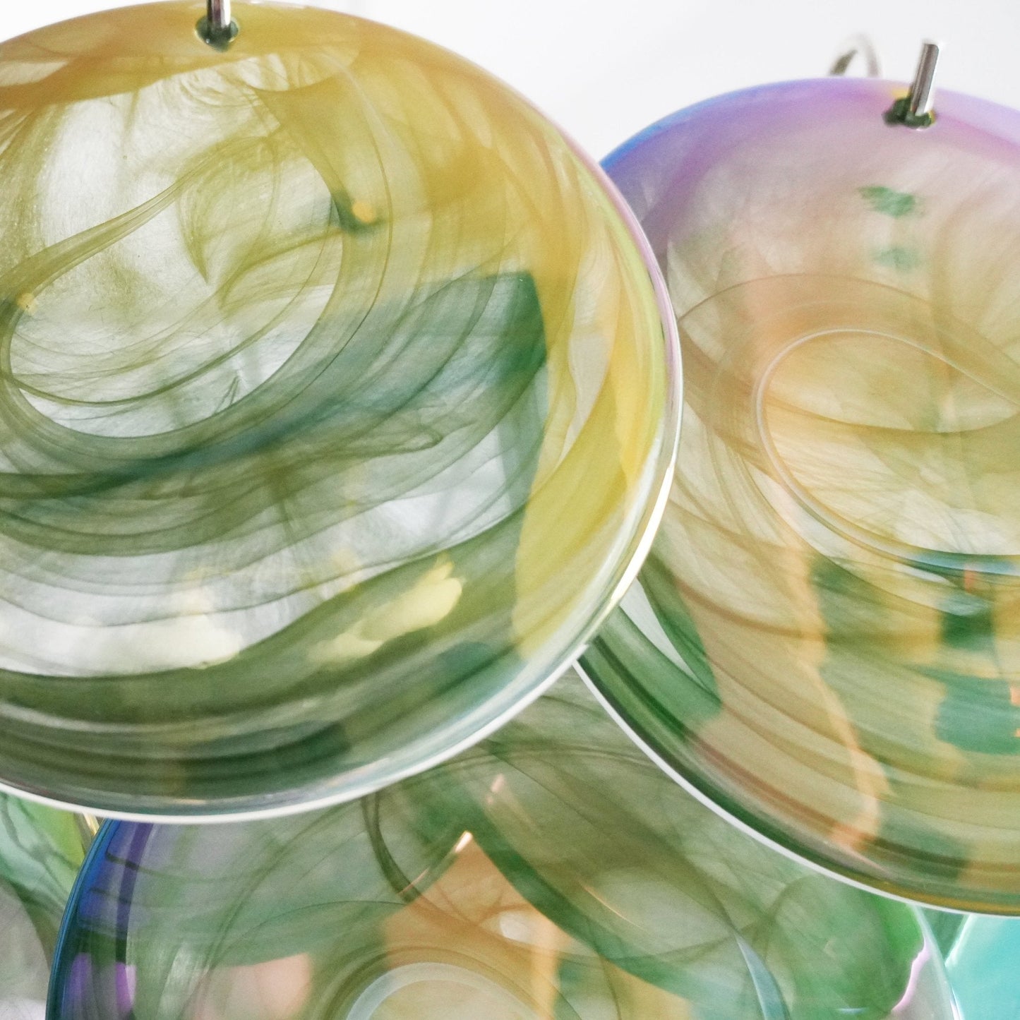 Elegant Green Glass Disc Chandelier with Adjustable Height and LED Com