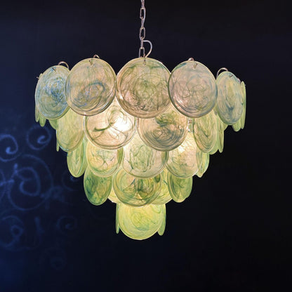 Elegant Green Glass Disc Chandelier with Adjustable Height and LED Com
