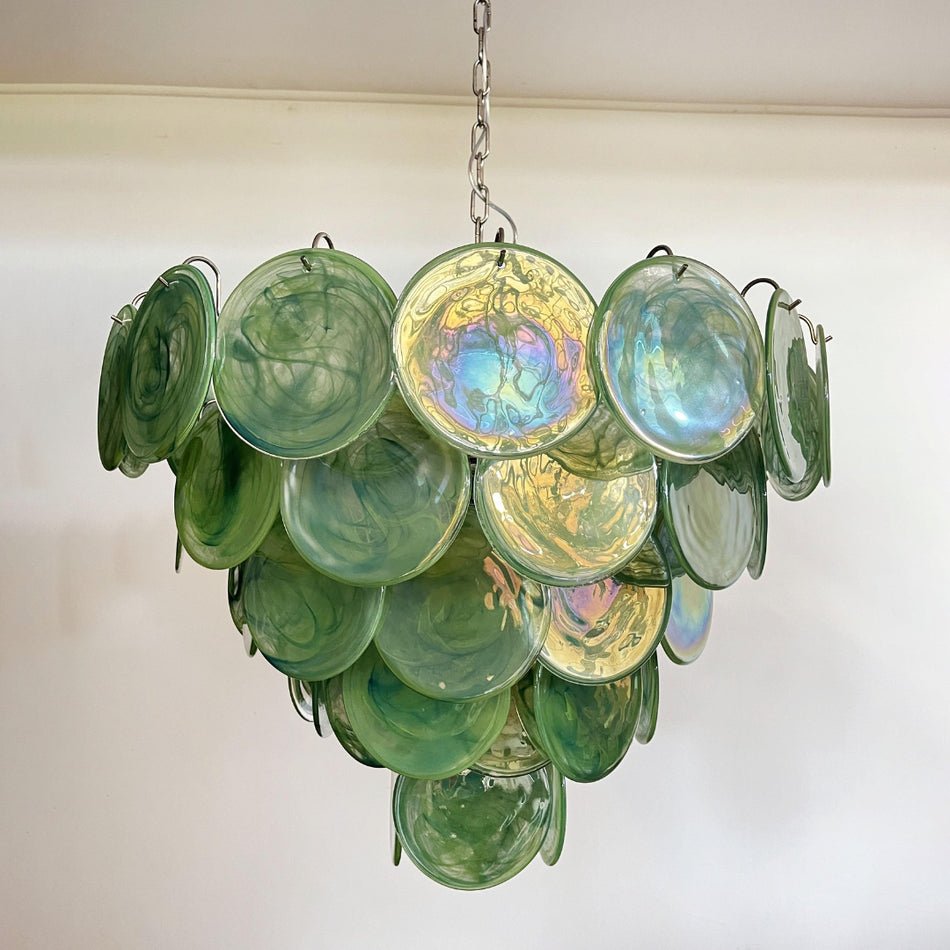 Elegant Green Glass Disc Chandelier with Adjustable Height and LED Com