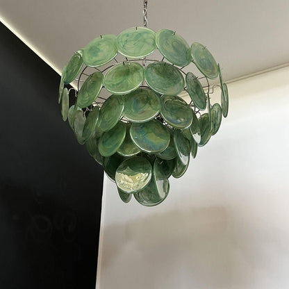 Elegant Green Glass Disc Chandelier with Adjustable Height and LED Com