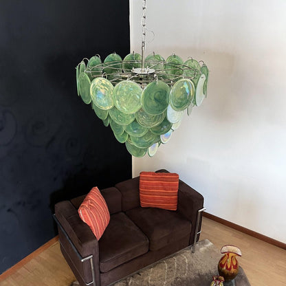 Elegant Green Glass Disc Chandelier with Adjustable Height and LED Com