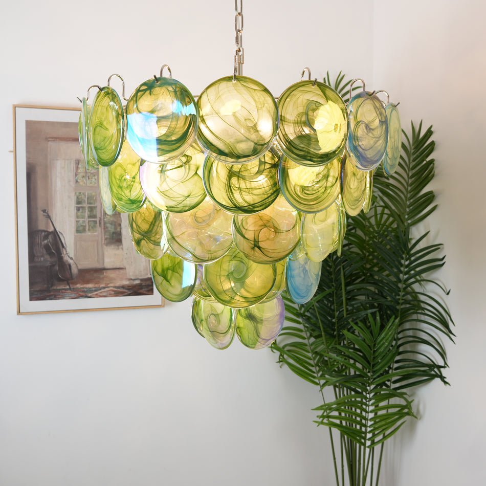 Elegant Green Glass Disc Chandelier with Adjustable Height and LED Com