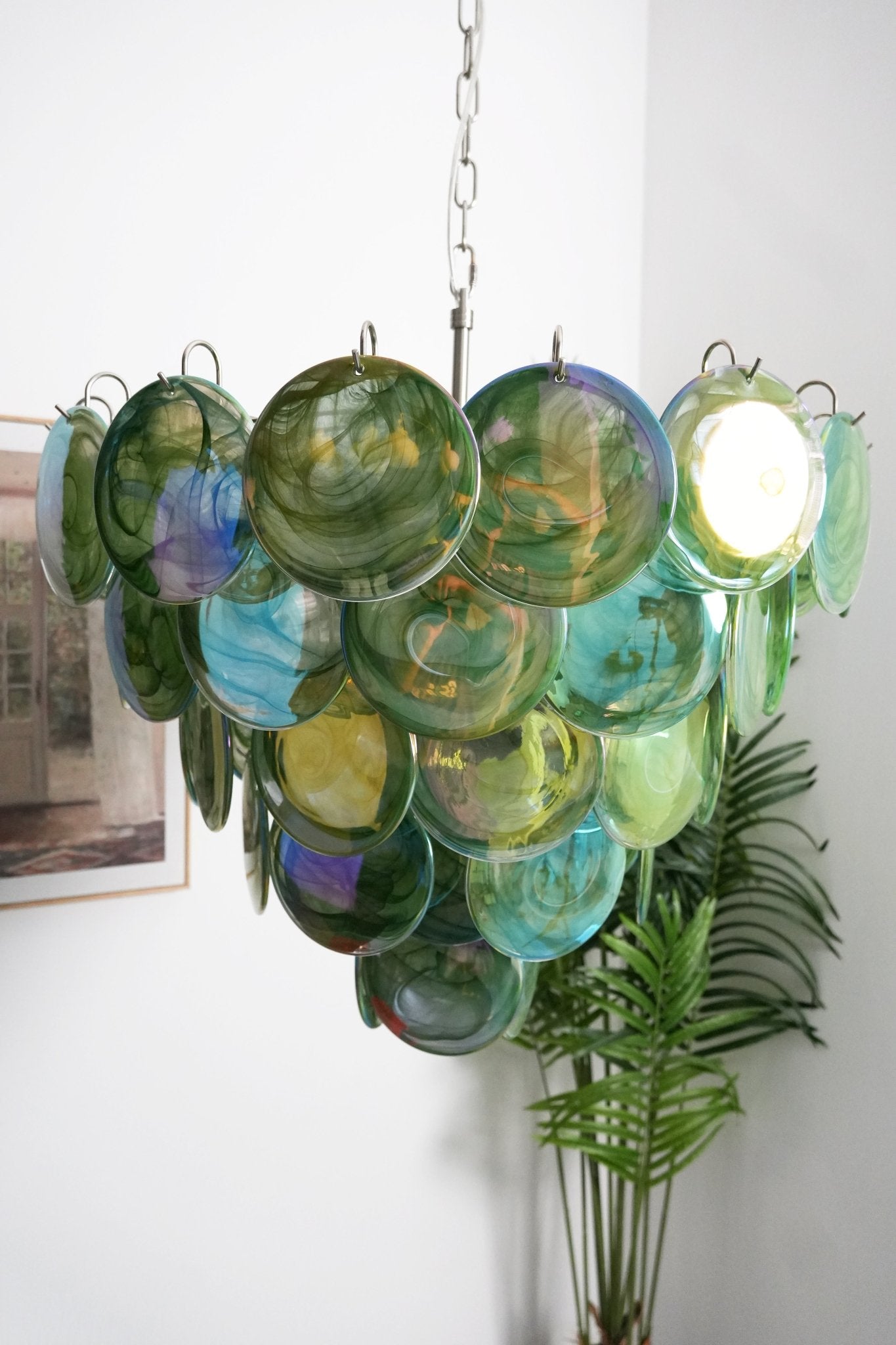 Elegant Green Glass Disc Chandelier with Adjustable Height and LED Com