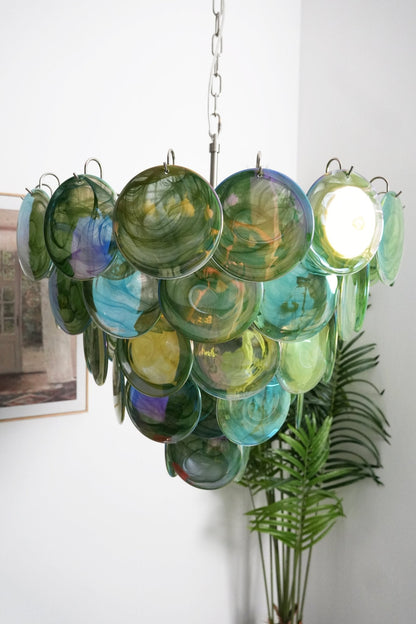 Elegant Green Glass Disc Chandelier with Adjustable Height and LED Com