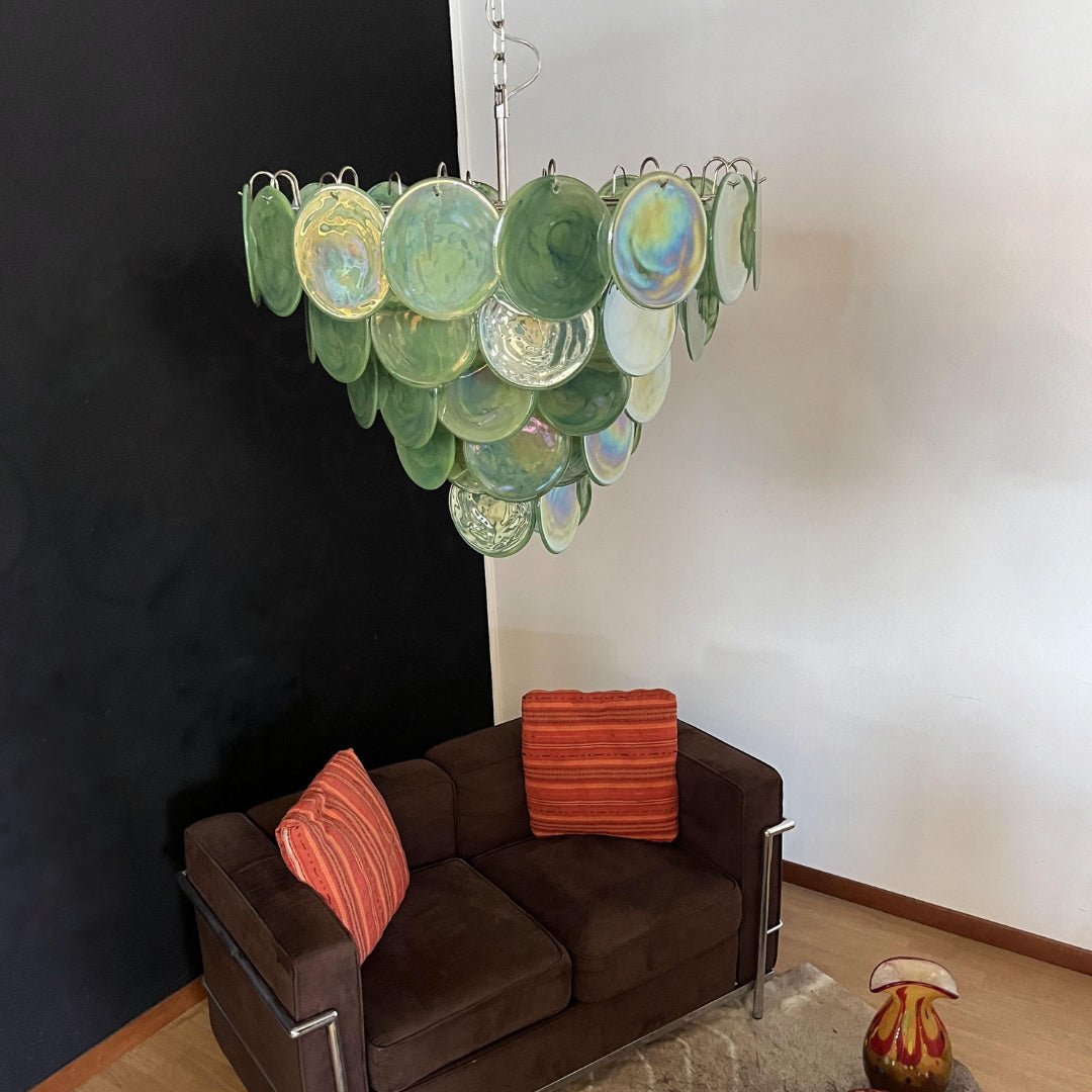 Elegant Green Glass Disc Chandelier with Adjustable Height and LED Com