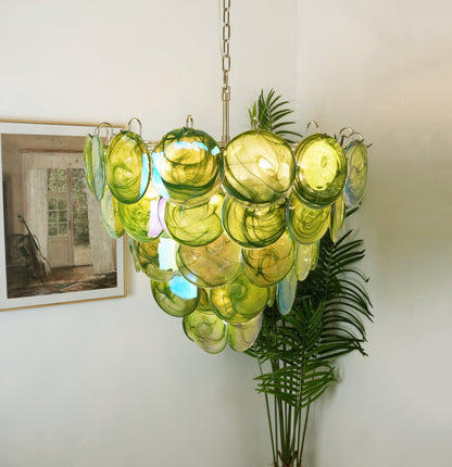 Elegant Green Glass Disc Chandelier with Adjustable Height and LED Com