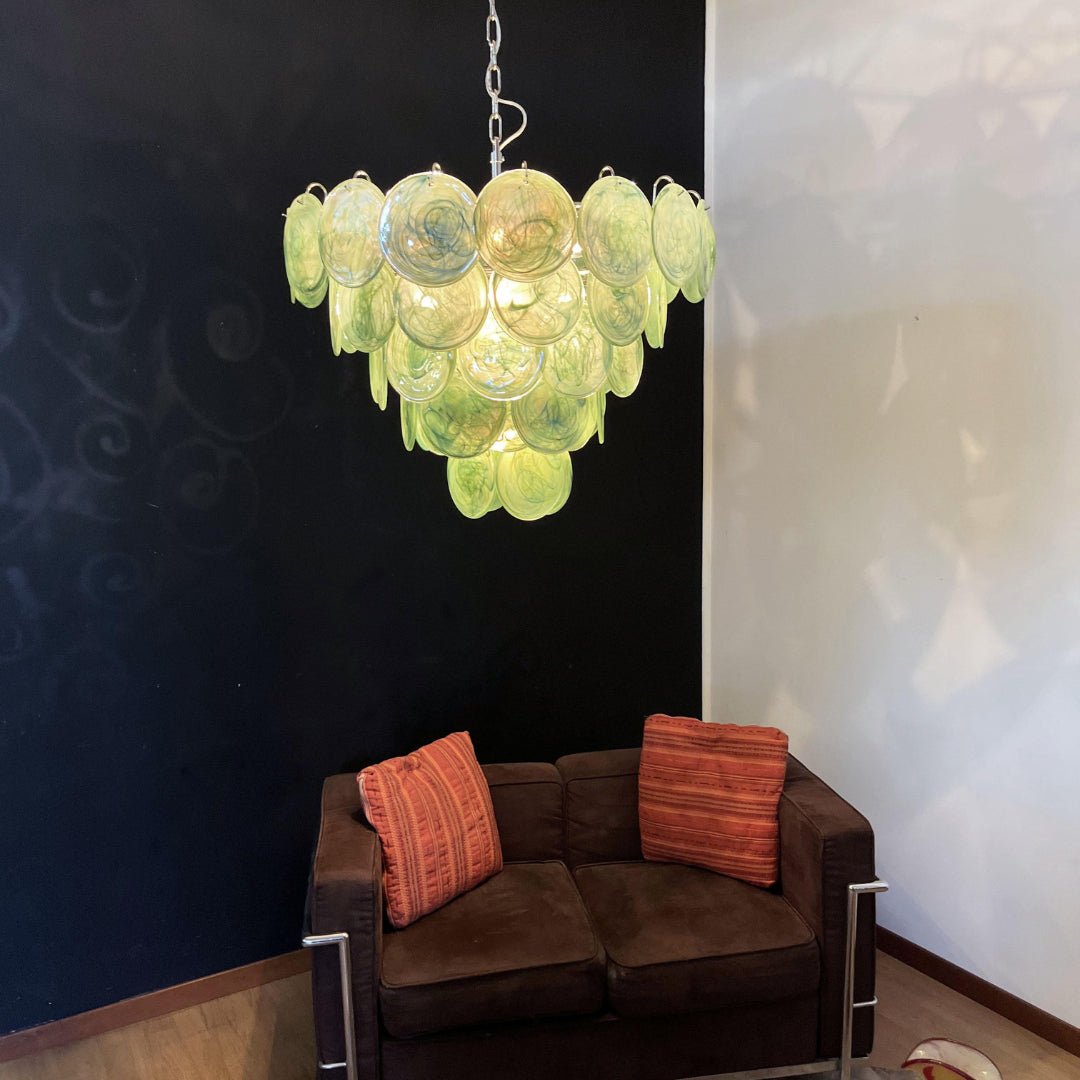 Elegant Green Glass Disc Chandelier with Adjustable Height and LED Com