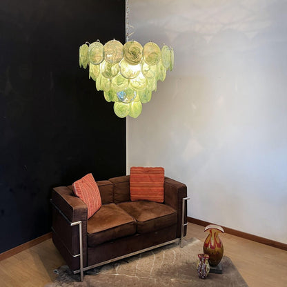 Elegant Green Glass Disc Chandelier with Adjustable Height and LED Com