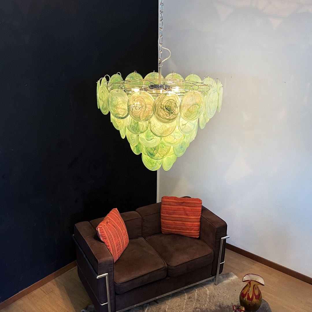 Elegant Green Glass Disc Chandelier with Adjustable Height and LED Com