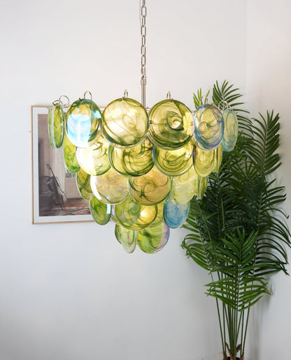 Elegant Green Glass Disc Chandelier with Adjustable Height and LED Com