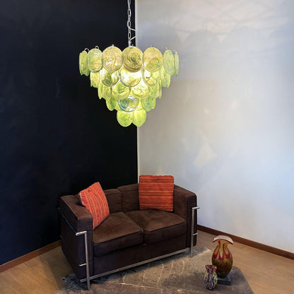 Elegant Green Glass Disc Chandelier with Adjustable Height and LED Com