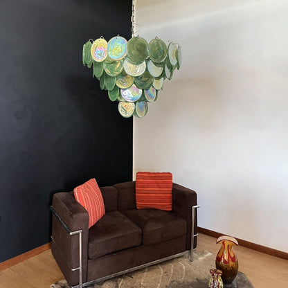 Elegant Green Glass Disc Chandelier with Adjustable Height and LED Com