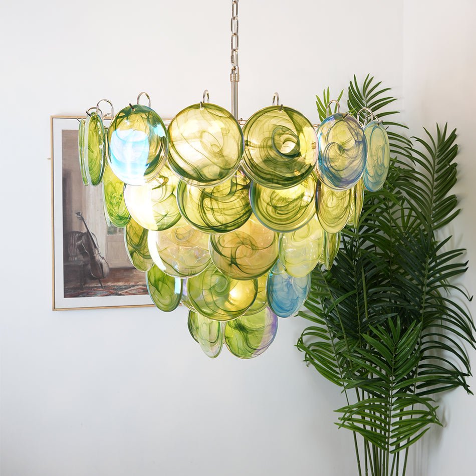 Elegant Green Glass Disc Chandelier with Adjustable Height and LED Com