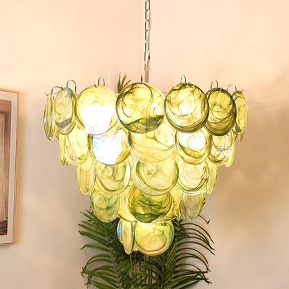 Elegant Green Glass Disc Chandelier with Adjustable Height and LED Com