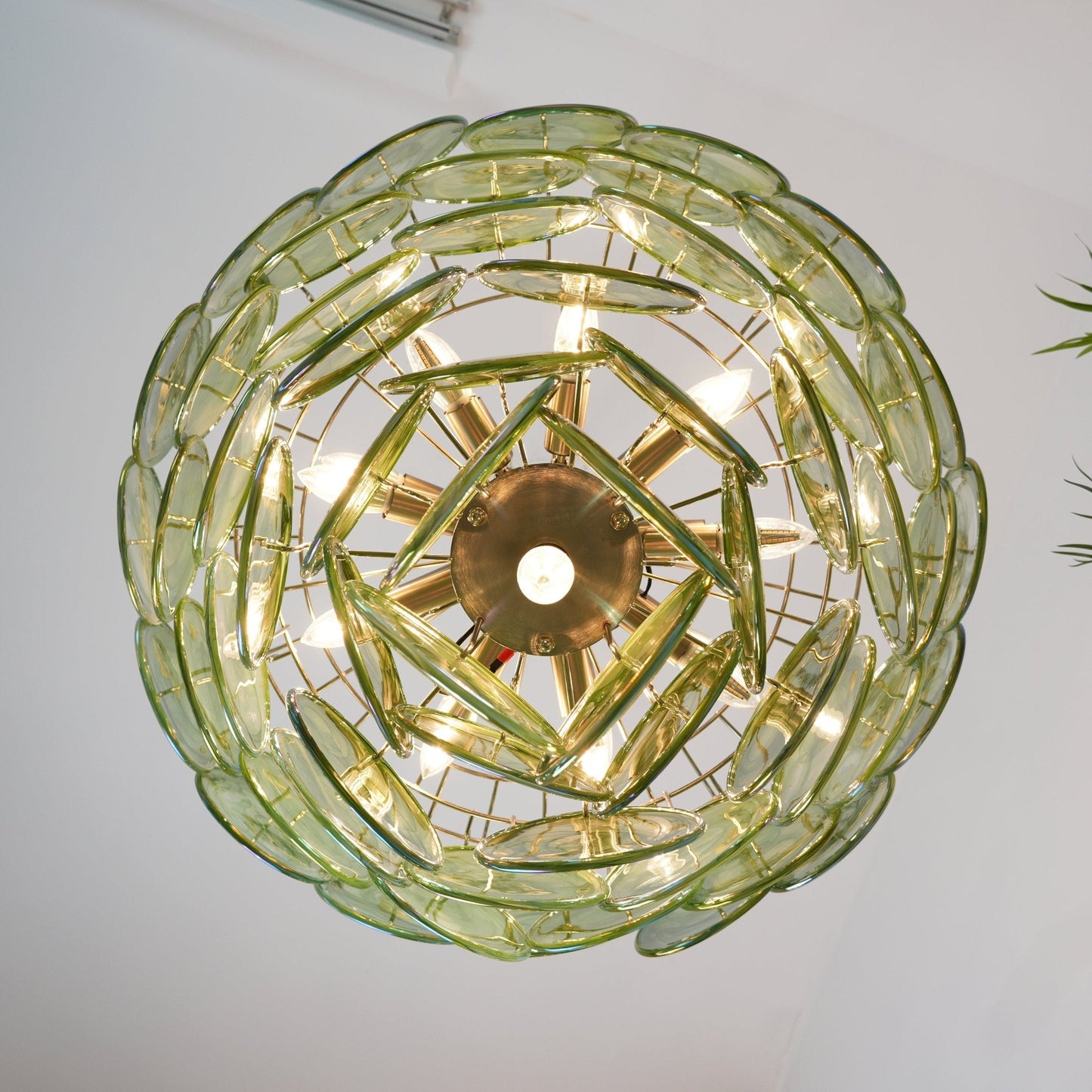 Elegant Green Glass Disc Chandelier with Adjustable Height and LED Com