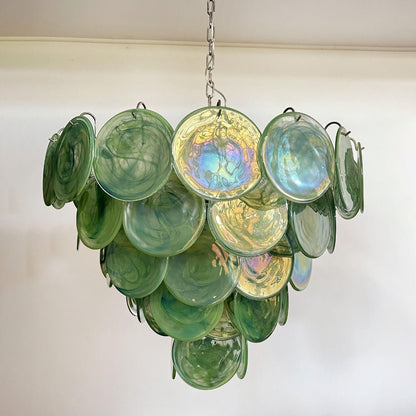Elegant Green Glass Disc Chandelier with Adjustable Height and LED Com