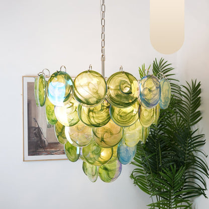 Elegant Green Glass Disc Chandelier with Adjustable Height and LED Com