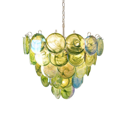 Elegant Green Glass Disc Chandelier with Adjustable Height and LED Com