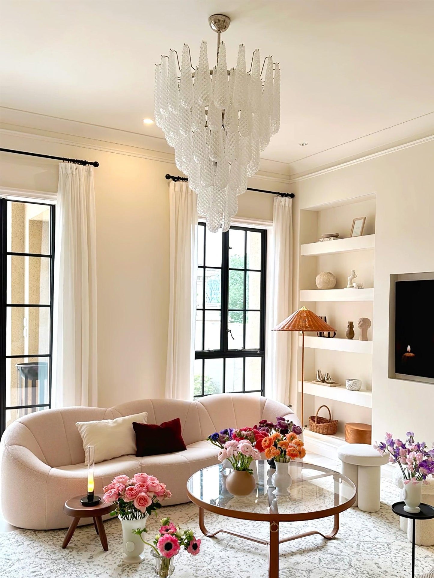 Modern Grid Glass Waterfall Chandelier with Dimmable LED Lights