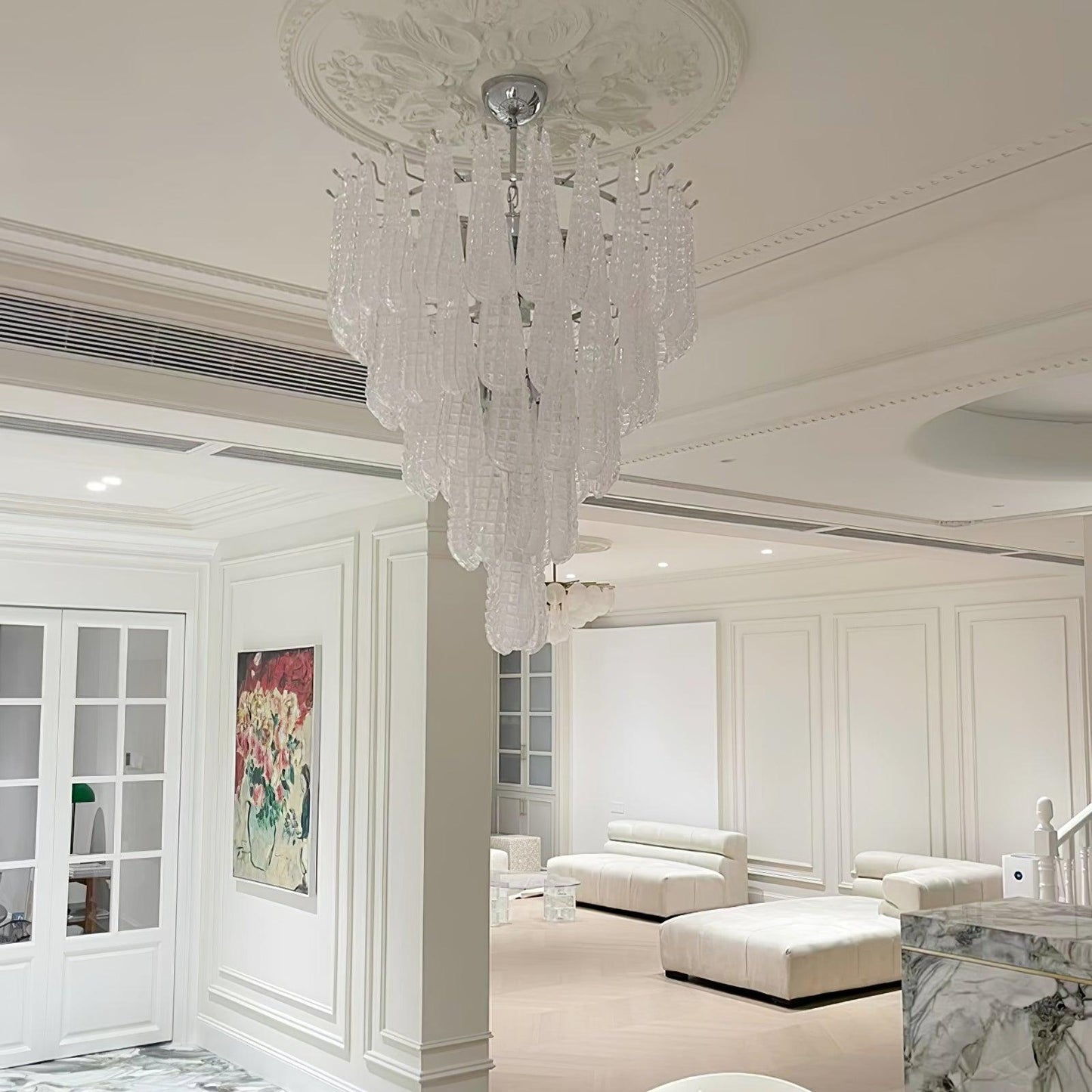 Modern Grid Glass Waterfall Chandelier with Dimmable LED Lights