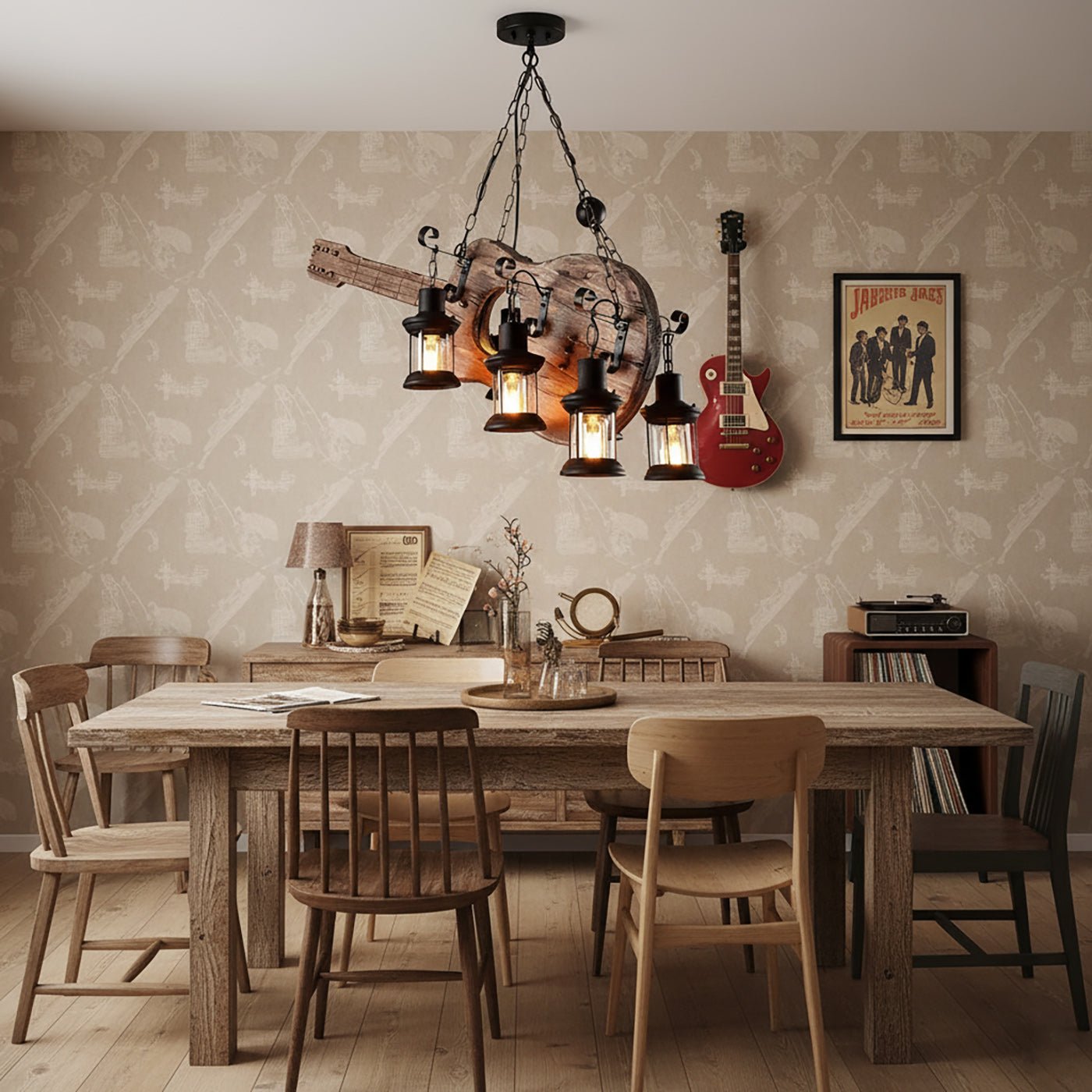 Guitar Pendant Light - Adjustable Height, Vintage Design, Warm Glow