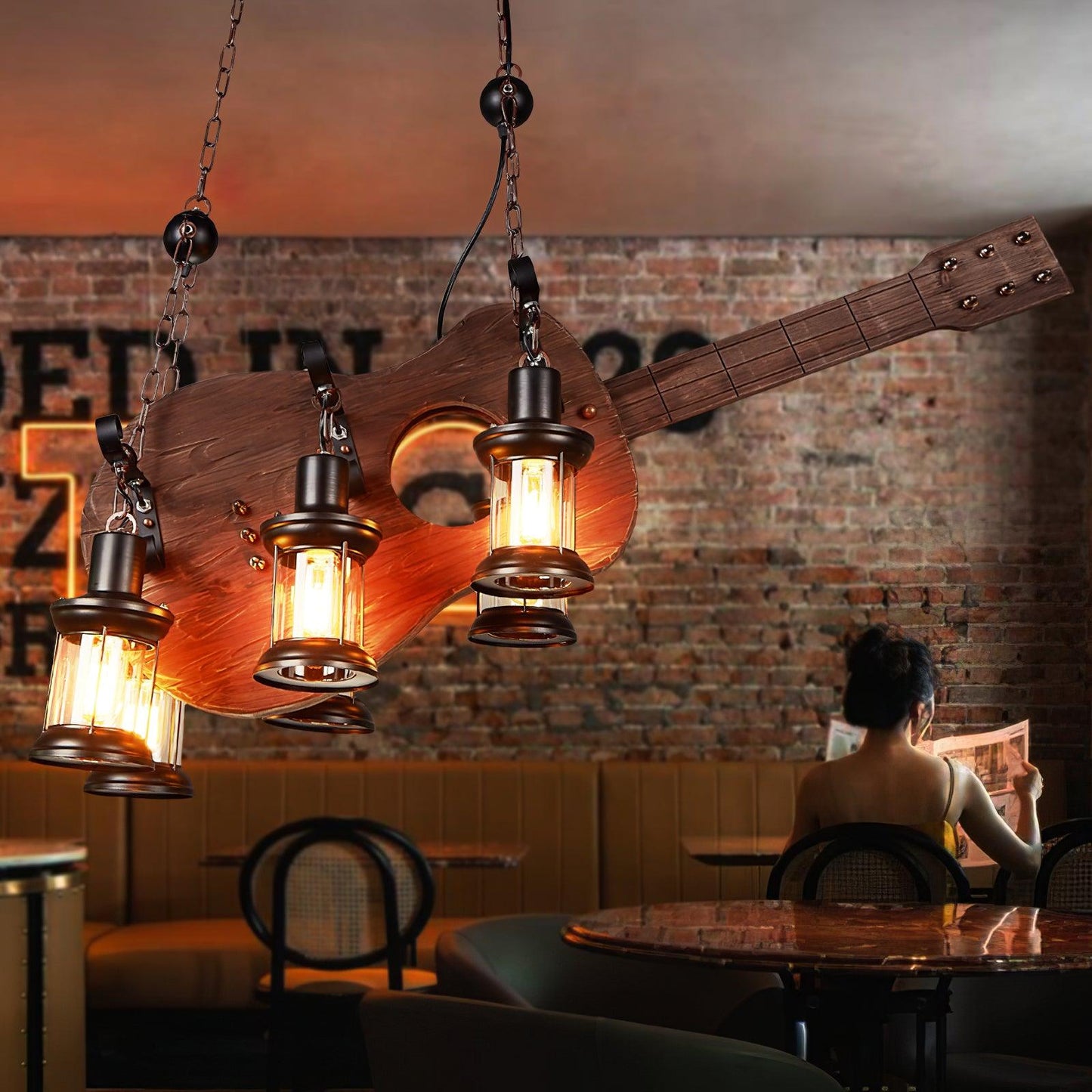 Guitar Pendant Light - Adjustable Height, Vintage Design, Warm Glow