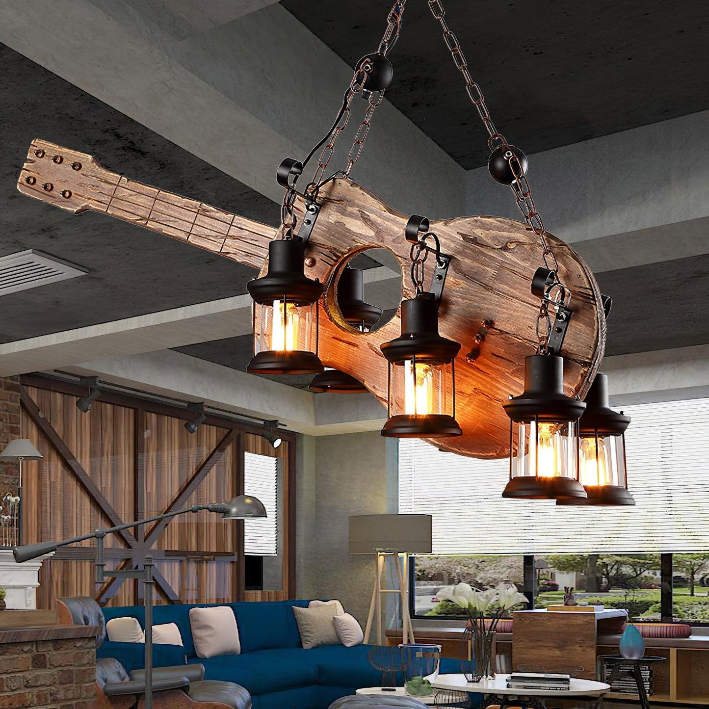 Guitar Pendant Light - Adjustable Height, Vintage Design, Warm Glow