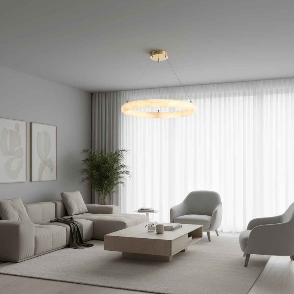Halo Alabaster Chandelier - Elegant Design, Adjustable Height, Soft Gl