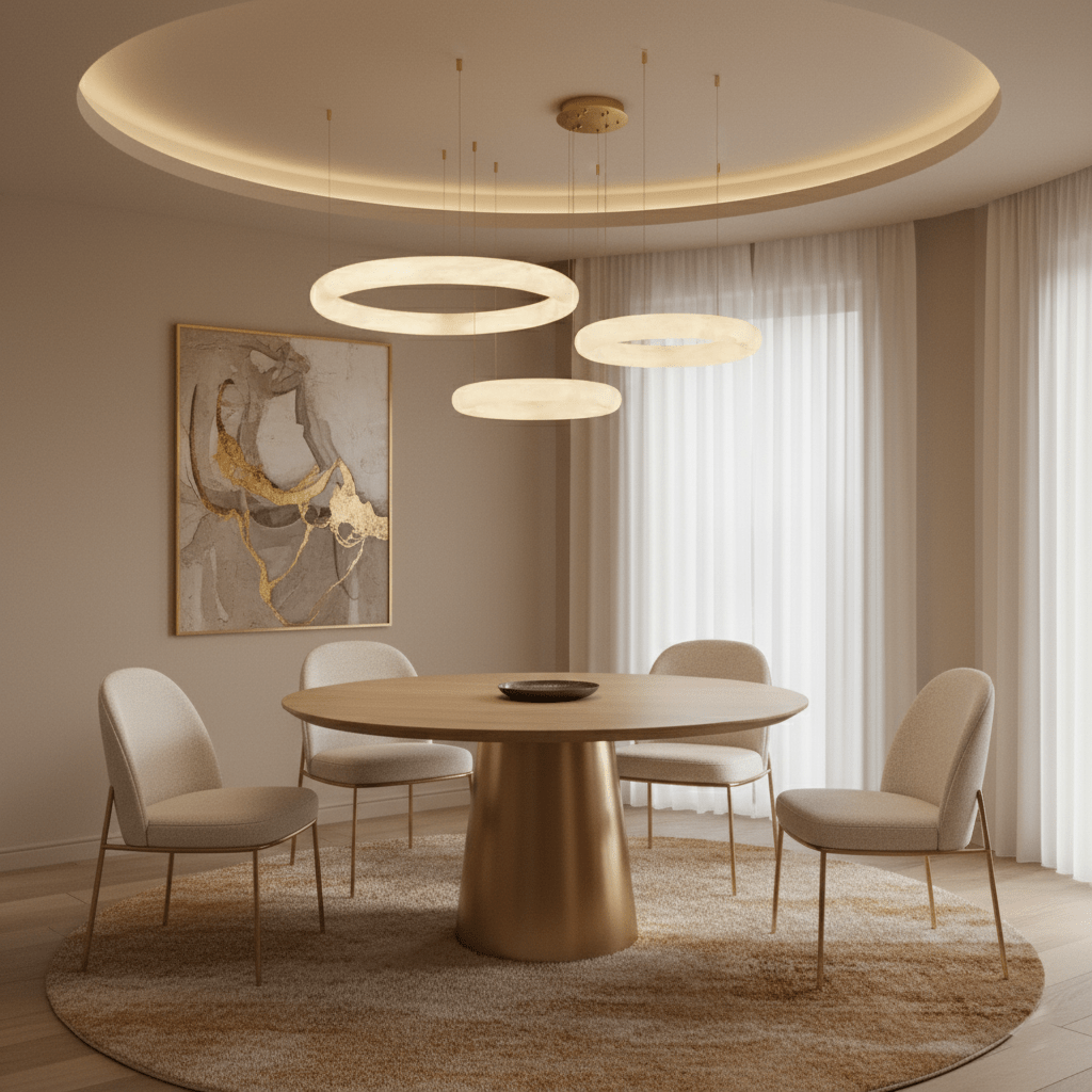 Halo Alabaster Chandelier - Elegant Design, Adjustable Height, Soft Gl