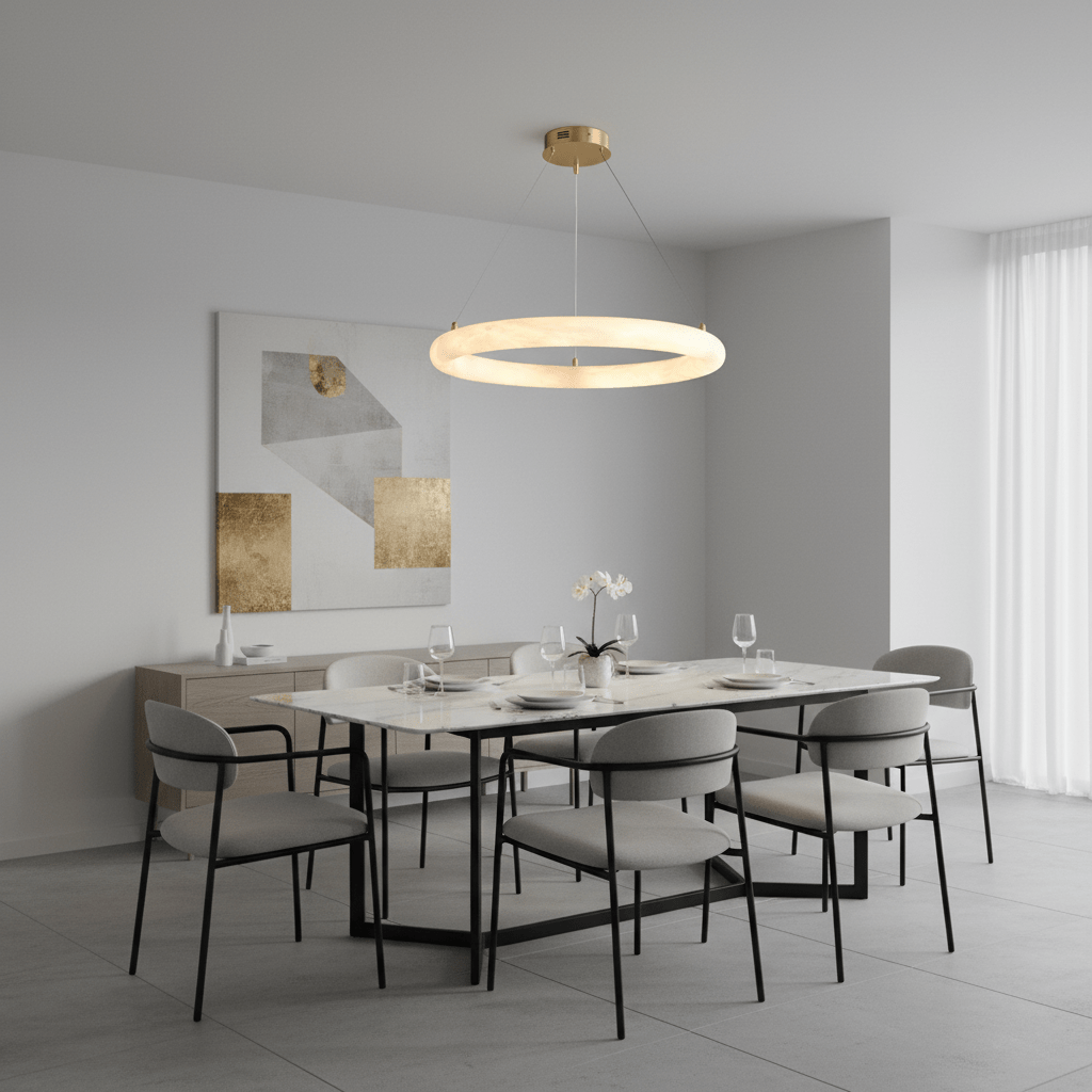 Halo Alabaster Chandelier - Elegant Design, Adjustable Height, Soft Gl