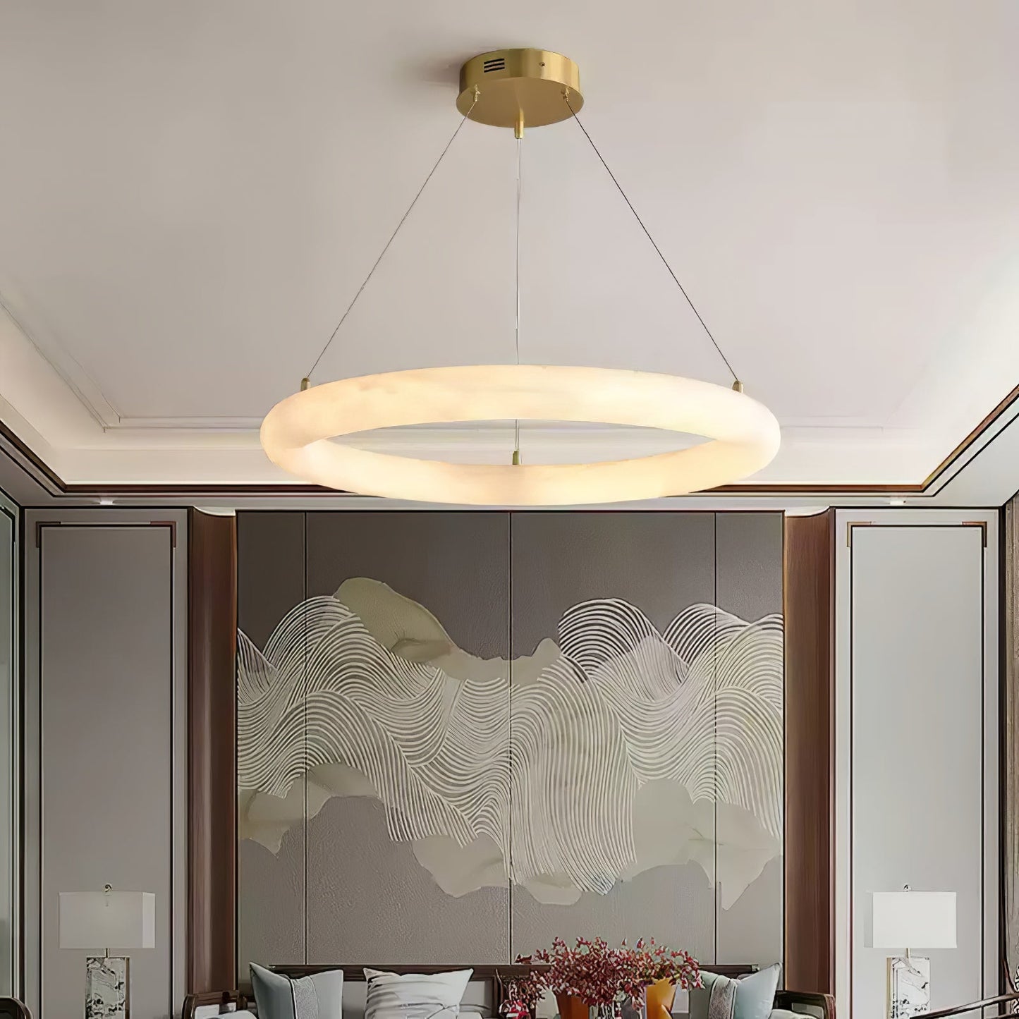Halo Alabaster Chandelier - Elegant Design, Adjustable Height, Soft Gl