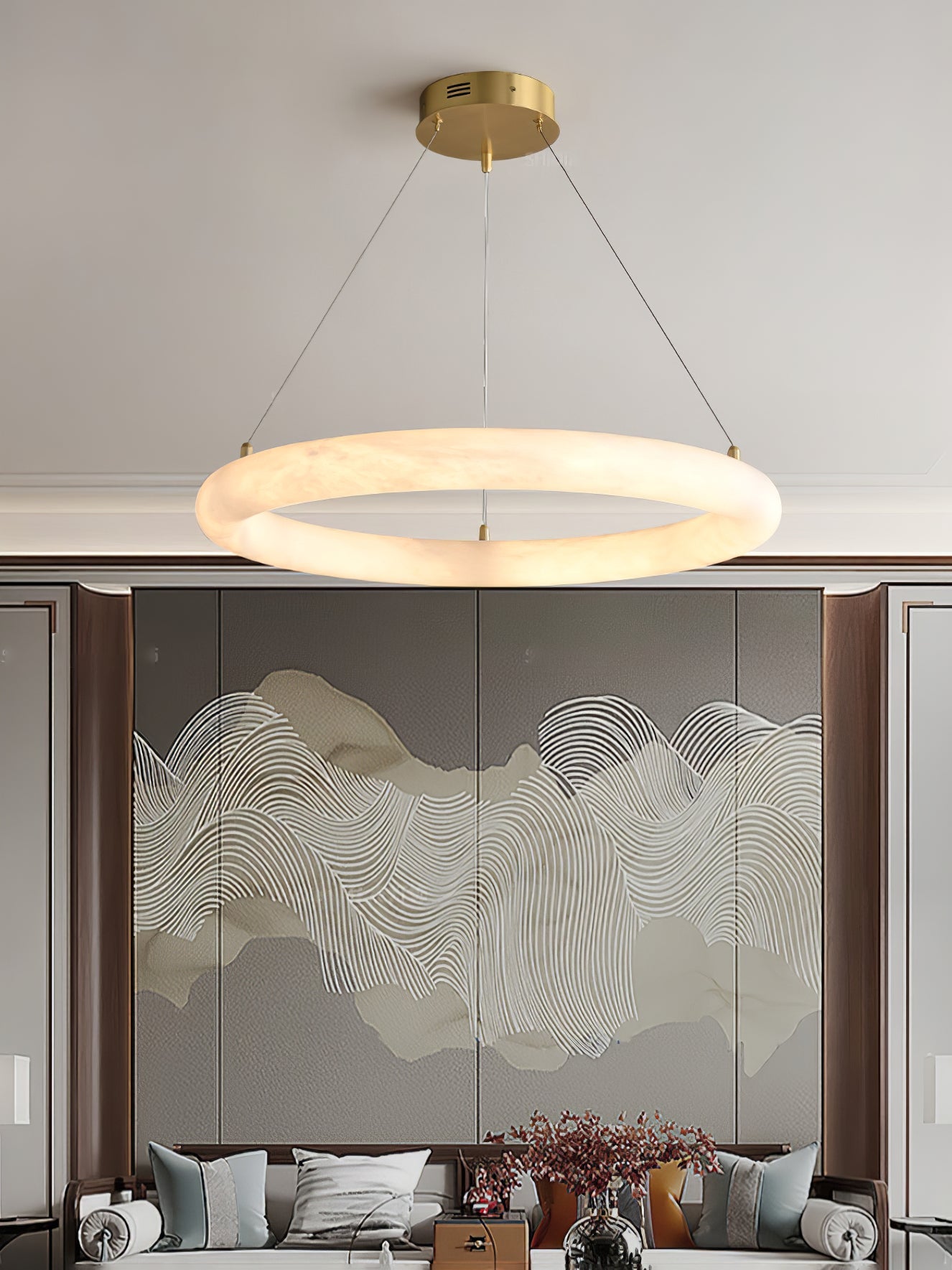 Halo Alabaster Chandelier - Elegant Design, Adjustable Height, Soft Gl